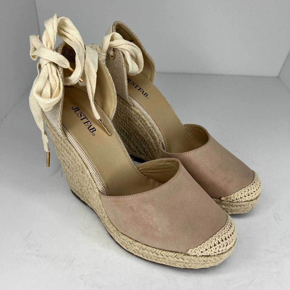 Justfab Womens Lauren Taupe Espadrille Closed Toe Lace Up Wrap Size 10 Sandals - Picture 2 of 9